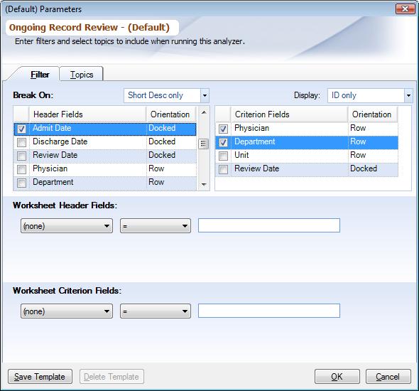 Dialog Analyzer Parameters - Filter Tab