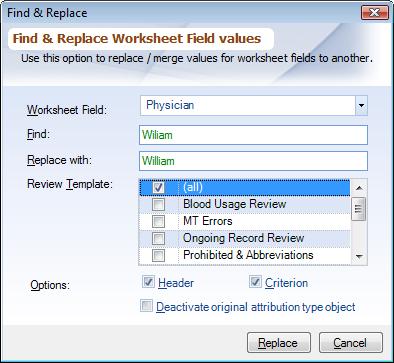 Dialog find and replace worksheet fields