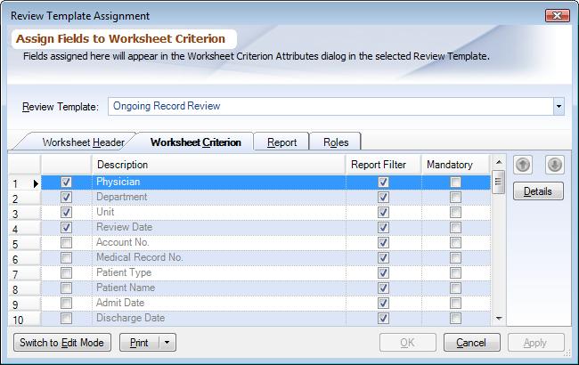 Manage Review Template Assignments - Criterion Tab