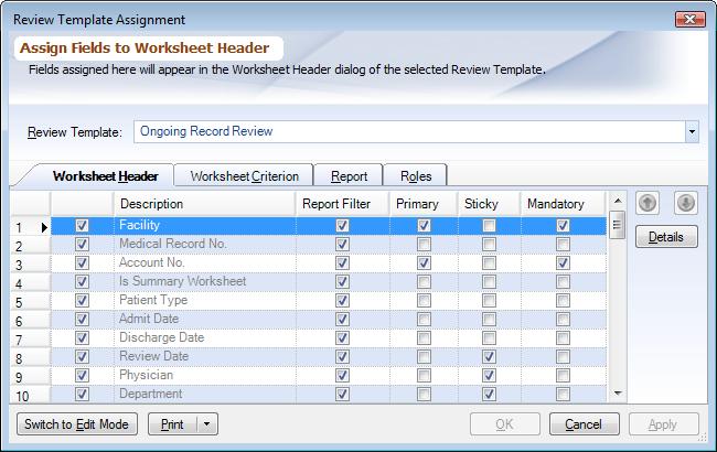 Manage Review Template Assignments - Header Tab