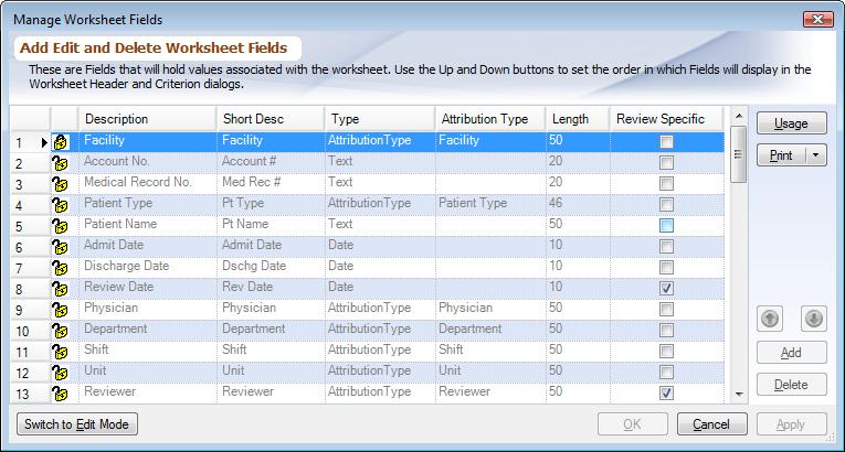 Dialog Manage Worksheet Fields