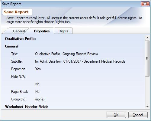 Saved Report Dialog - Properties Tab